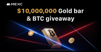 Promotional graphic for MEXC’s Year-End Golden Era Showdown featuring gold bars, BTC symbols and prize pool highlights.