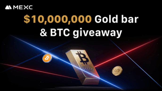 Promotional graphic for MEXC’s Year-End Golden Era Showdown featuring gold bars, BTC symbols and prize pool highlights.