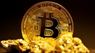 A single bitcoin surrounded by raw gold pieces.