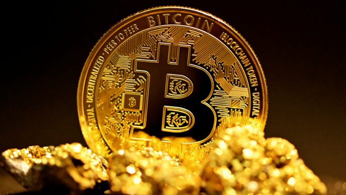 A single bitcoin surrounded by raw gold pieces.