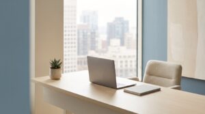 Minimalist corporate office workspace overlooking a city skyline