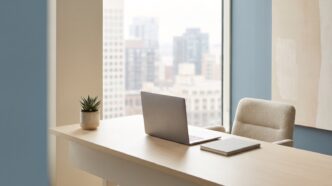 Minimalist corporate office workspace overlooking a city skyline