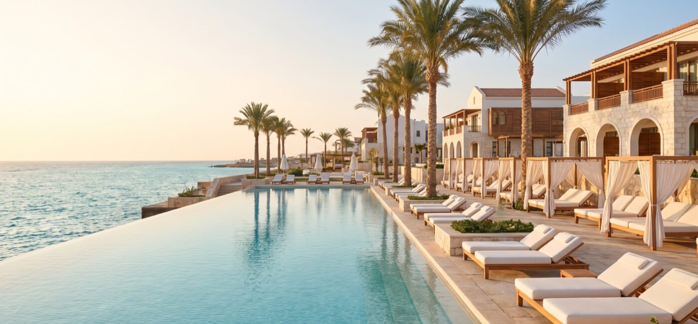 Luxury Rixos beach resort and infinity pool on Egypt’s Red Sea coast